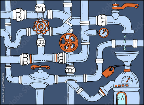 Water supply networks. Sketch doodle colored vector illustration. Games, Technology and Steam punk pattern. Hydro background. Plexus of the hydraulic tube.