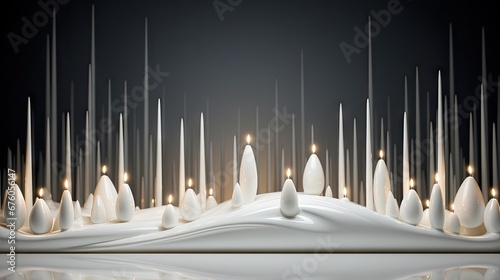  a group of white candles sitting on top of a pile of snow next to a pile of snow covered ground.  generative ai