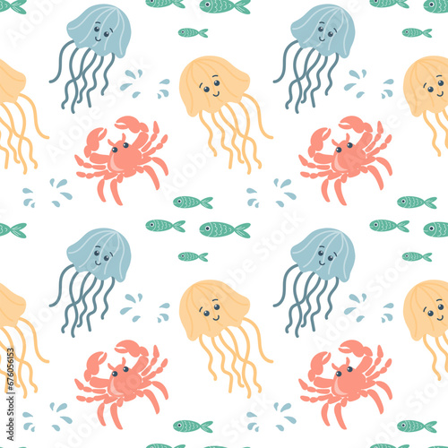 Wallpaper Mural Seamless pattern with cute cartoon fish and kawaii sea animals on a white background. Children's print, textile, vector Torontodigital.ca