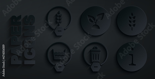 Set Trash can, Wheat, Delicate wash, Information, Plant based and Gluten free grain icon. Vector