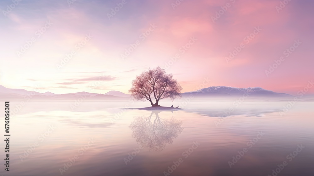  a lone tree on a small island in the middle of a body of water with a pink sky in the background.  generative ai