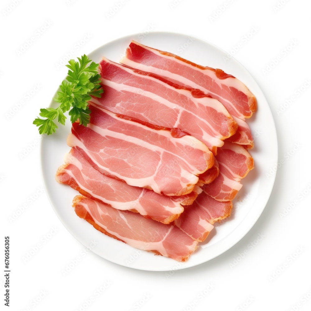 Plate of Raw Bacon Isolated on a White Background