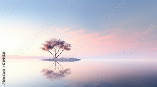  a lone tree in the middle of a body of water with a pink and blue sky in the back ground.  generative ai