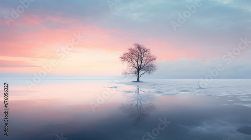  a lone tree sitting in the middle of a body of water with a pink and blue sky in the background. generative ai
