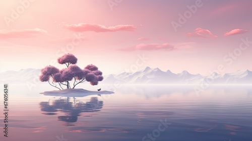  a small island in the middle of a body of water with a tree in the middle of the water and mountains in the background. generative ai