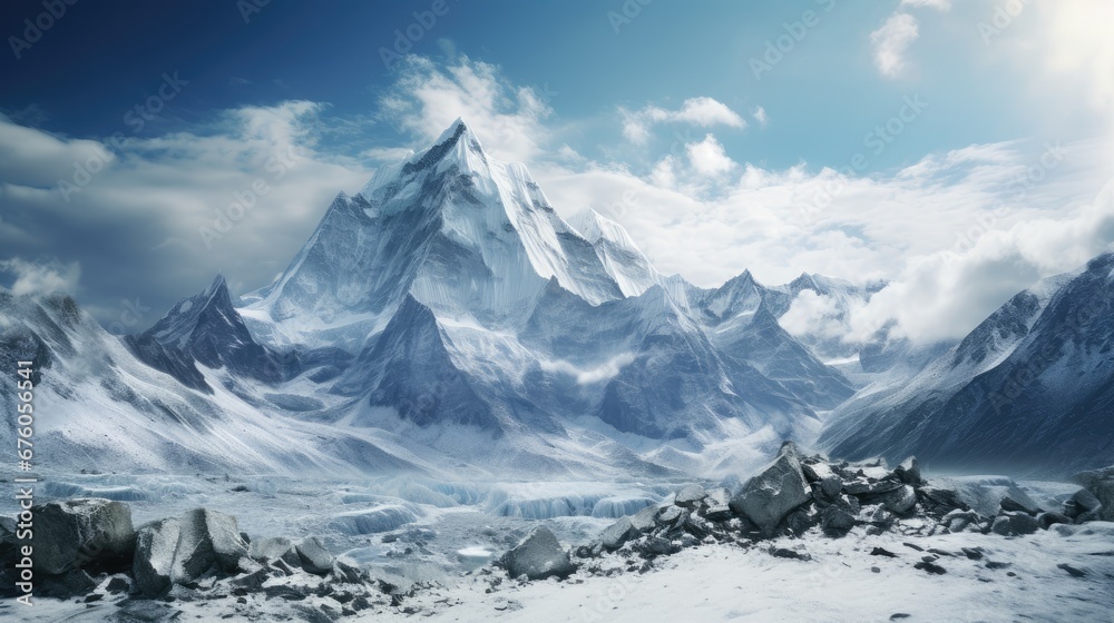 a mountain range covered in snow under a cloudy blue sky with a blue sky and white clouds in the background.  generative ai