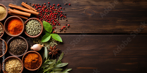 Fototapeta Naklejka Na Ścianę i Meble -  Top view of Herbal Spices on table, cooking ingredients with copy space, Food background