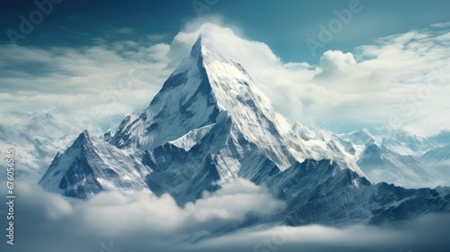  a very tall mountain covered in snow in the middle of a cloudy sky with a blue sky in the background.  generative ai © Anna