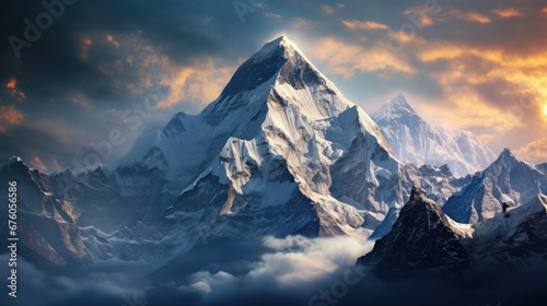  a very tall mountain covered in snow under a cloudy sky with a sun peeking through the clouds in the background. generative ai