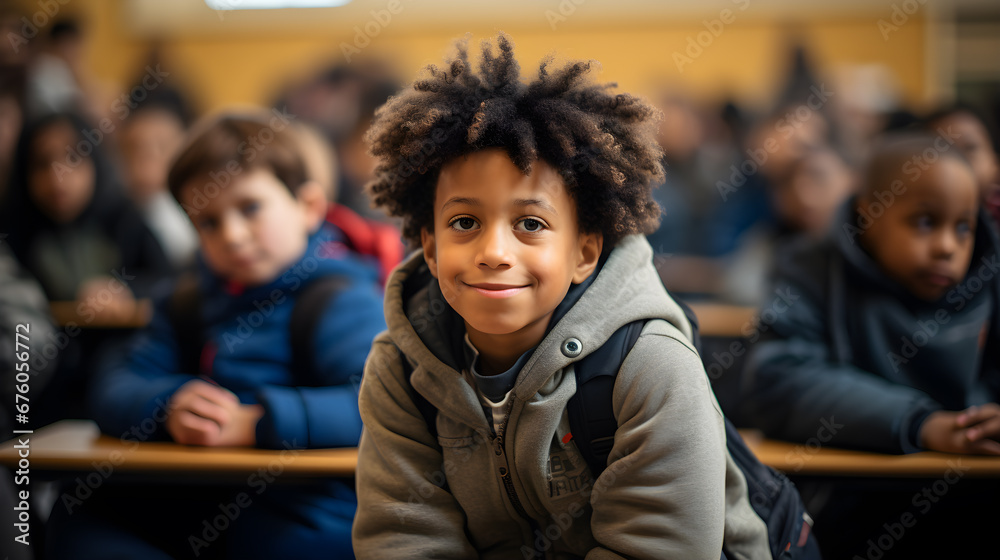 niño latino sonriente en salon de clase escuela aula de primaria con niños al fondo
 - obrazy, fototapety, plakaty 