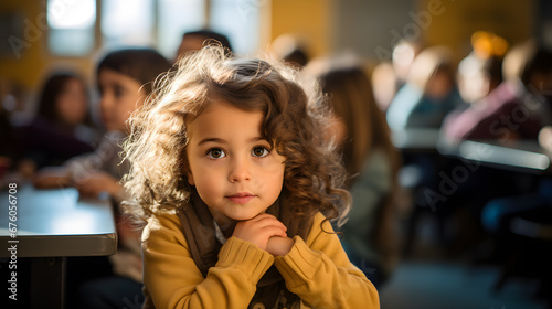 niña latina en un aula escolar preesolar atenta y concentrada seria y pensativa, cabello con luz y niños al fondo photo
