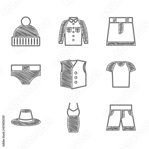 Set Waistcoat, Woman dress, Short or pants, T-shirt, Man hat, Men underpants, Skirt and Beanie icon. Vector
