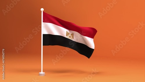 Elegant Egyptian Flag on a Stand with a Warm Orange Background. Beautiful Egyptian flag on a white flagpole.