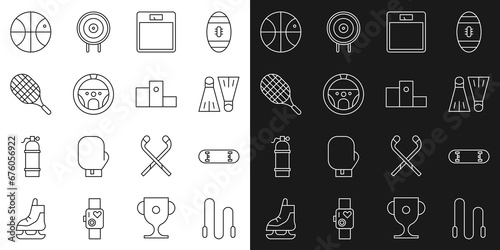 Set line Jump rope, Skateboard trick, Rubber flippers for swimming, Bathroom scales, Steering wheel, Tennis racket, Basketball ball and Award over sports winner podium icon. Vector