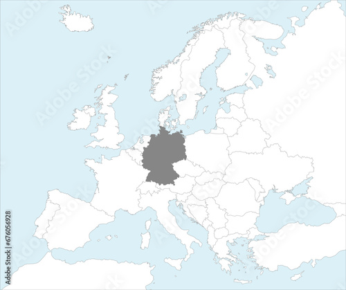 Gray CMYK national map of GERMANY inside detailed white blank political map of European continent on blue background using Mollweide projection