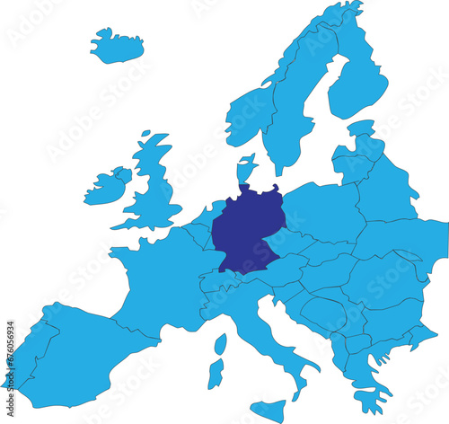 Dark blue CMYK national map of GERMANY inside simplified blue blank political map of European continent on transparent background using Peters projection