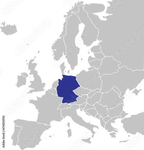 Blue CMYK national map of GERMANY inside simplified gray blank political map of European continent on transparent background using Mercator projection