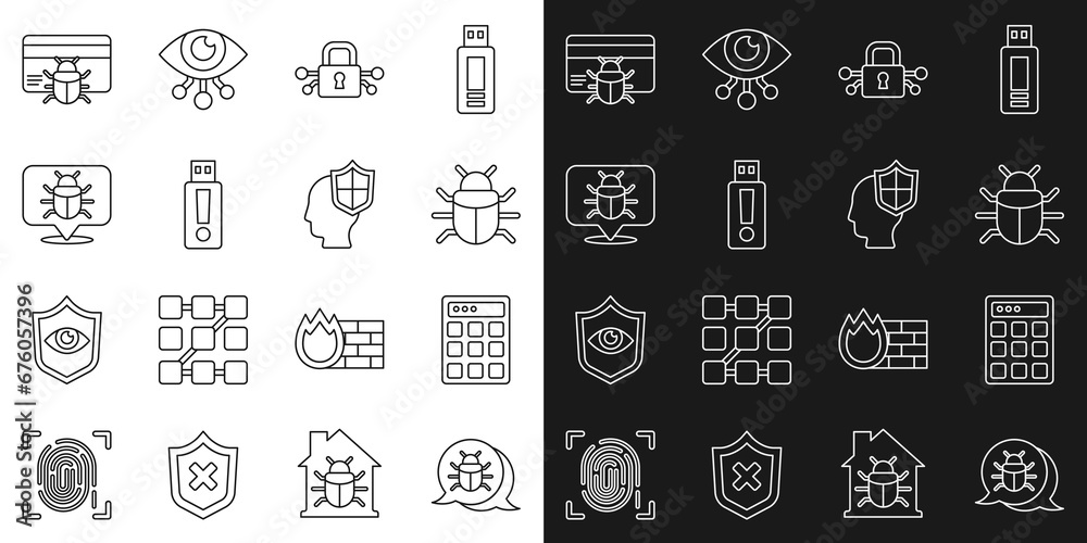 Set line System bug, Password protection, Cyber security, USB flash drive, in credit card and Head with shield icon. Vector