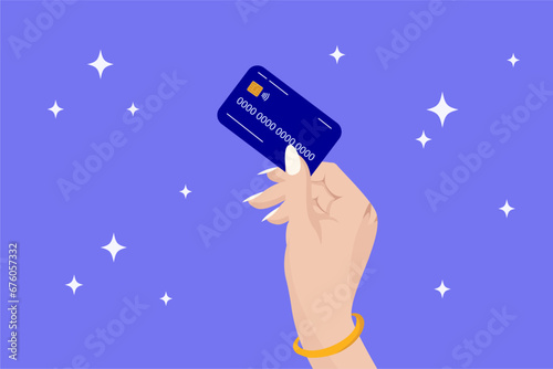 Vector female hand with manicure holding a bank card, credit card for online payments, handing over the card