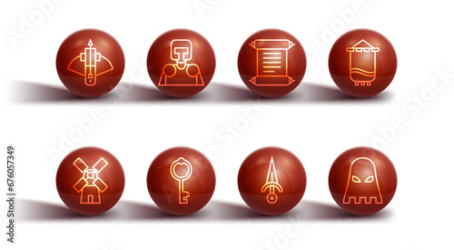 Set line Battle crossbow with arrow, Windmill, Medieval flag, Dagger, Old key, knight, Executioner mask and Decree, parchment, scroll icon. Vector