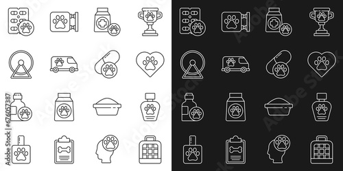 Set line Pet carry case, shampoo, Heart with animals footprint, Bag of food, Veterinary ambulance, Hamster wheel, Dog pill and icon. Vector