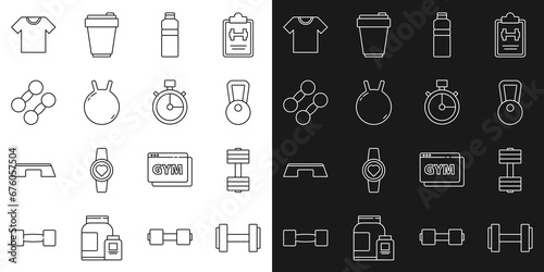 Set line Dumbbell, Kettlebell, Fitness shaker, T-shirt and Stopwatch icon. Vector