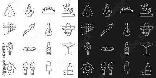 Set line Tequila bottle and glass, Margarita cocktail, Mexican man sombrero, Taco with tortilla, Snake, Pan flute, Nachos and guitar icon. Vector