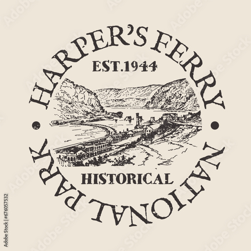 Fillmore St, Harpers Ferry, WV, USA Silhouette Postal Passport. Stamp Round Vector Icon. Design Travel Postmark. 