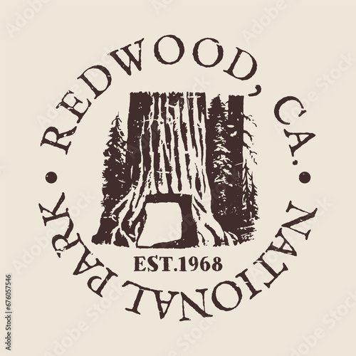 Redwood, National and State Parks, CA, USA Silhouette Postal Passport. Stamp Round Vector Icon. Design Travel Postmark. 
