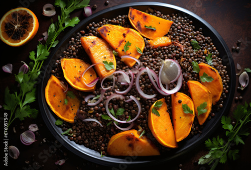 traditional roast sweet potatoes with lentils and onions, gray and bronze, aerial view, paleocore photo