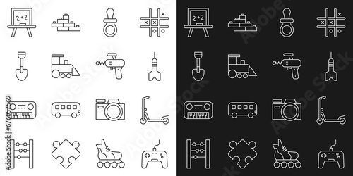 Set line Gamepad, Scooter, Dart arrow, Baby dummy pacifier, Toy train, Shovel toy, Chalkboard and Ray gun icon. Vector