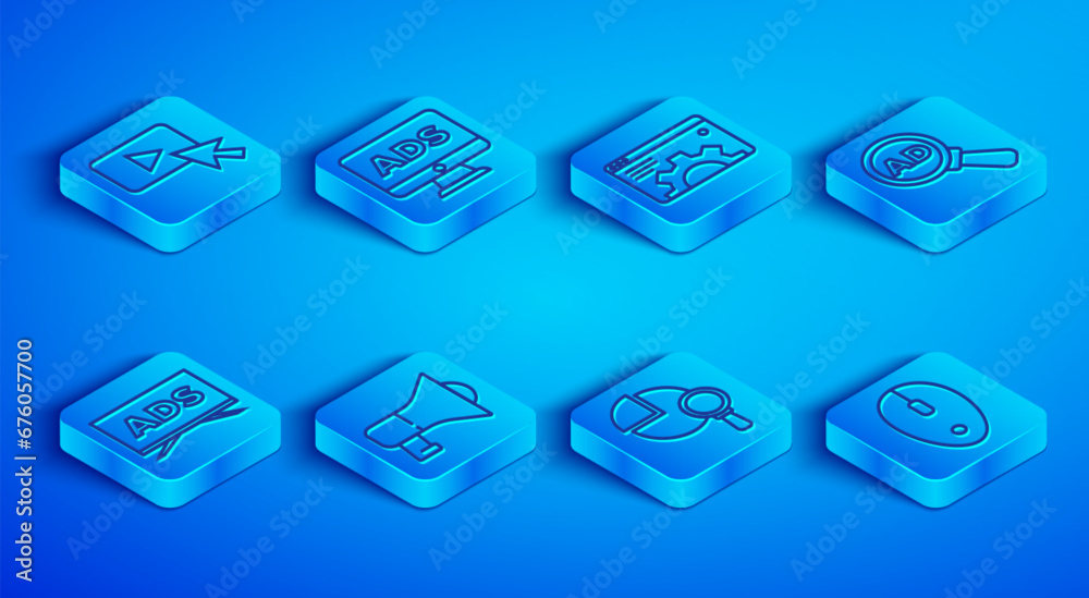 Set line Advertising, Browser setting, Megaphone, Magnifying glass and analysis, and Computer mouse icon. Vector