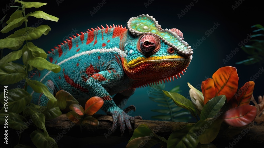 Obraz premium a colorful chamelon sitting on top of a tree branch in front of green leaves and a dark background. generative ai
