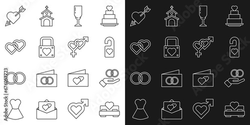 Set line Bedroom, Wedding rings, Please do not disturb, Glass of champagne, Lock and heart, Two Linked Hearts, Amour with arrow and Gender icon. Vector