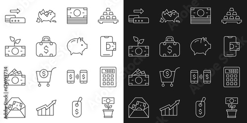 Set line Money plant in the pot, Calculator, Mobile banking, Stacks paper money cash, Briefcase and, Pos terminal and Piggy icon. Vector