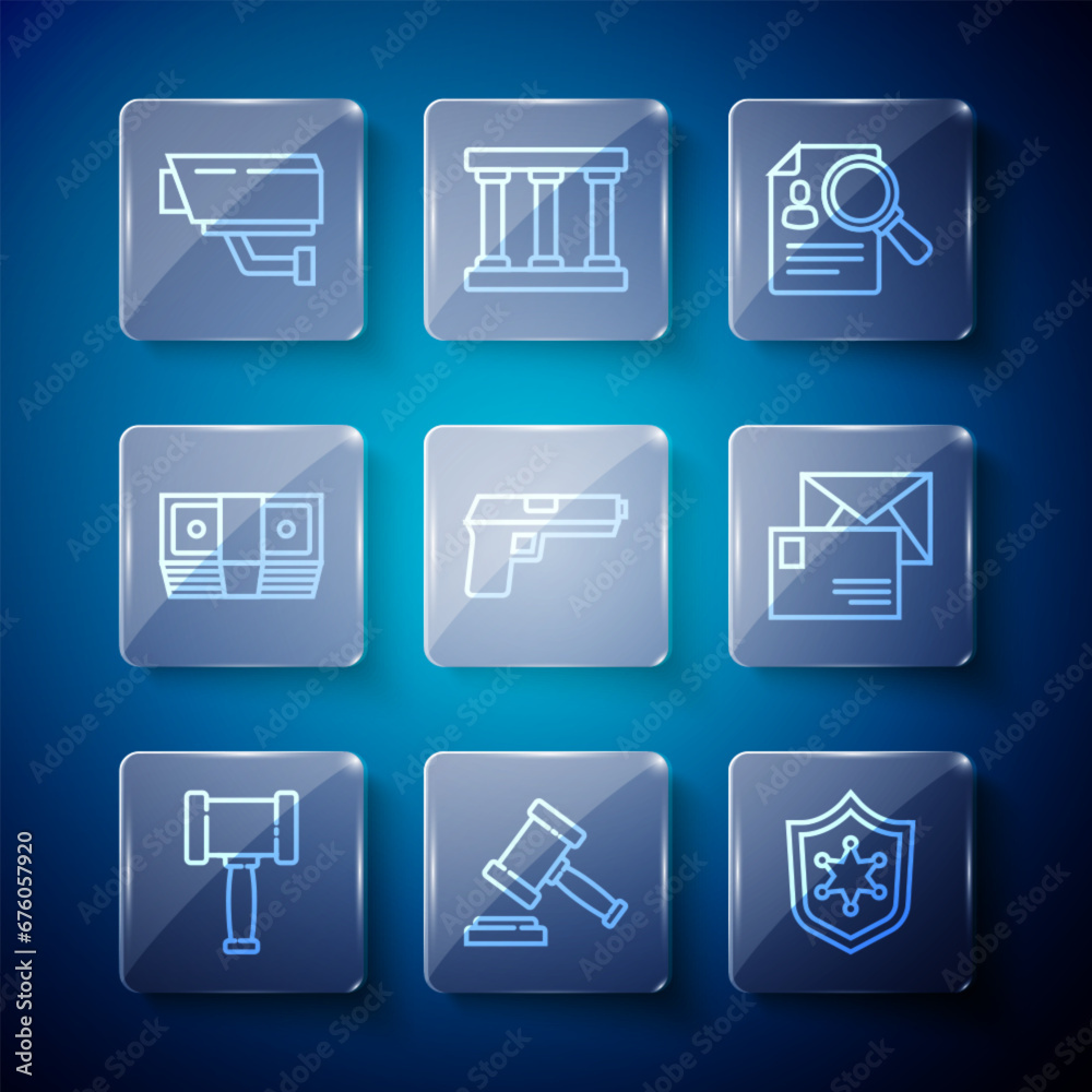 Set line Judge gavel, Police badge, Paper analysis magnifying, Pistol or gun, Bribe money cash, Security camera and Envelope icon. Vector Set line Judge gavel, Police badge, Paper analysis magnifying, Pistol or gun, Bribe money cash, Security camera and Envelope icon. Vector