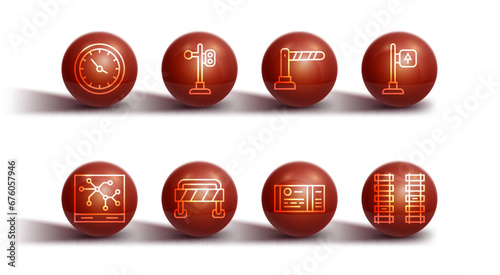 Set line Train station clock, Railway map, Road traffic signpost, ticket, barrier, light, Railway, railroad track and icon. Vector