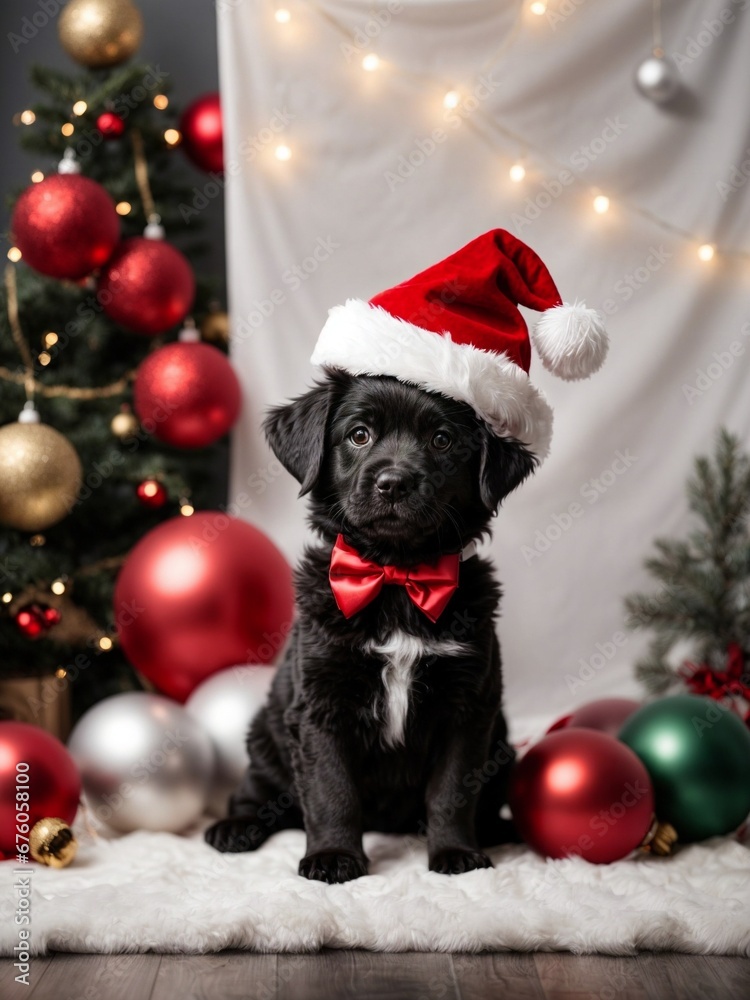 Obraz premium Cute black puppy wearing Santa Claus red hat near the Christmas tree. Merry Christmas and Happy New Year decoration around (balls, toys and gifts). New Year postcard