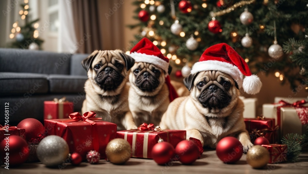 Cute puppies pug wearing Santa Claus red hat under the Christmas tree. Merry Christmas and Happy New Year decoration around (balls, toys and gift boxes). New Year card Cute puppies pug wearing Santa Claus red hat under the Christmas tree. Merry Christmas and Happy New Year decoration around (balls, toys and gift boxes). New Year card