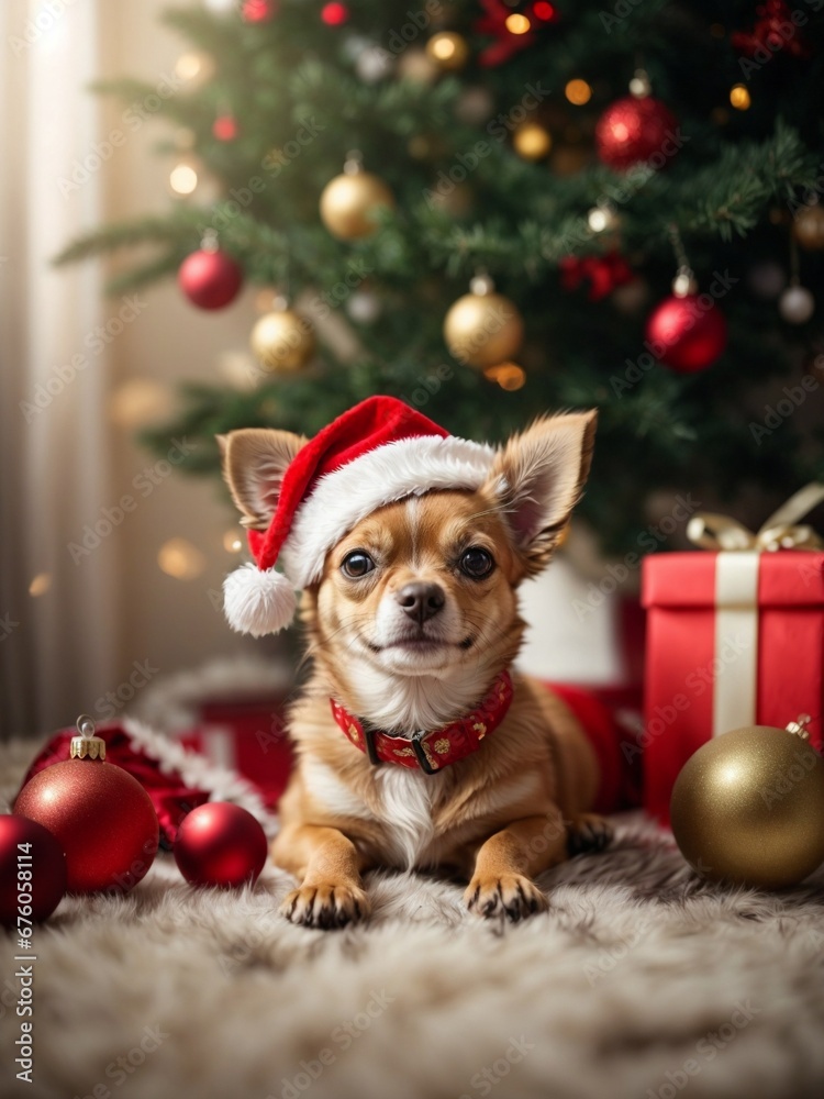 Cute puppy Chihuahua wearing Santa Claus red hat under the Christmas tree. Merry Christmas and Happy New Year decoration around. New Year card Cute puppy Chihuahua wearing Santa Claus red hat under the Christmas tree. Merry Christmas and Happy New Year decoration around. New Year card