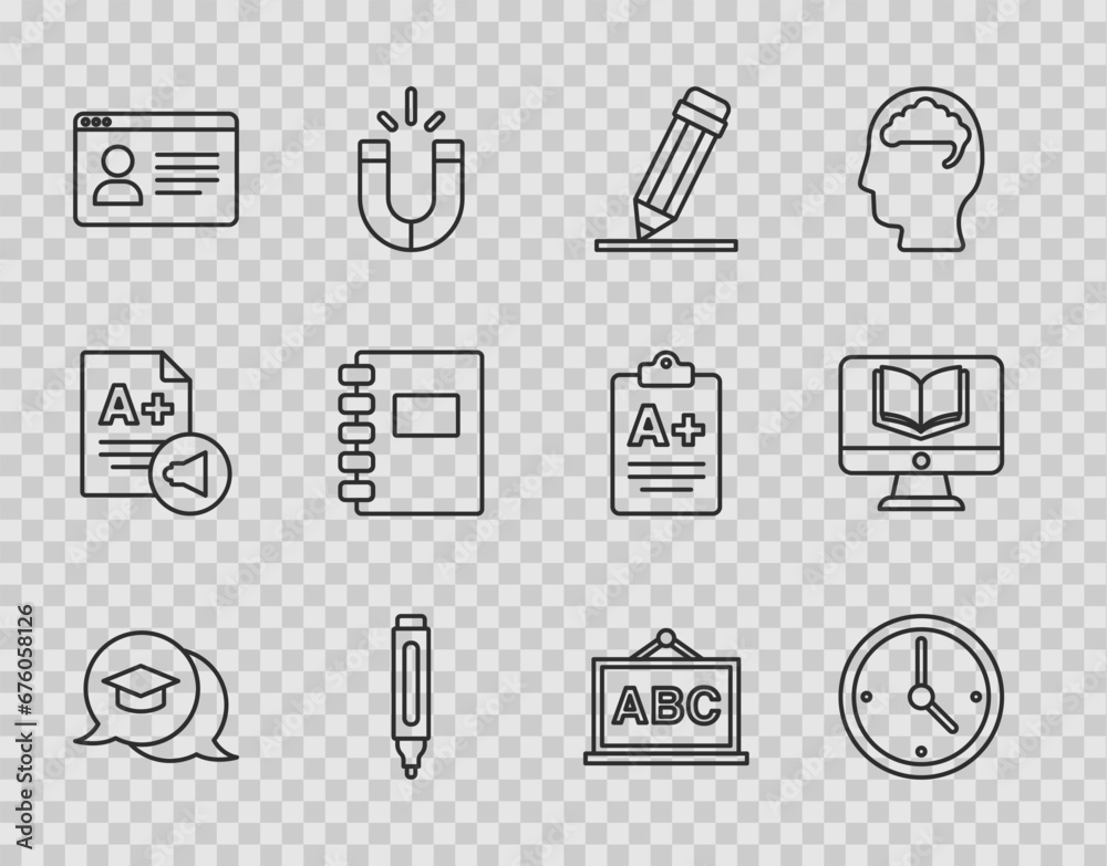Set line Graduation cap in speech bubble, Clock, Pencil with eraser, Marker pen, Online class, Spiral notebook, Chalkboard and icon. Vector Set line Graduation cap in speech bubble, Clock, Pencil with eraser, Marker pen, Online class, Spiral notebook, Chalkboard and icon. Vector