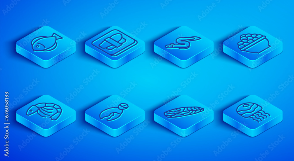 Set line Fish, Sushi on cutting board, Eel fish, Lobster or crab claw, steak, Caviar, Shrimp and Jellyfish icon. Vector Set line Fish, Sushi on cutting board, Eel fish, Lobster or crab claw, steak, Caviar, Shrimp and Jellyfish icon. Vector