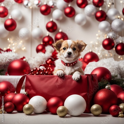 Cute puppy sits in the red box. Merry Christmas and Happy New Year decoration - balls, toys and gifts around. X-mas postcard