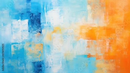  An abstract vintage rough texture with multi-colored orange and blue art strokes  featuring oil brush strokes  palette knife painting  and overlapping square layers with complementary colors.