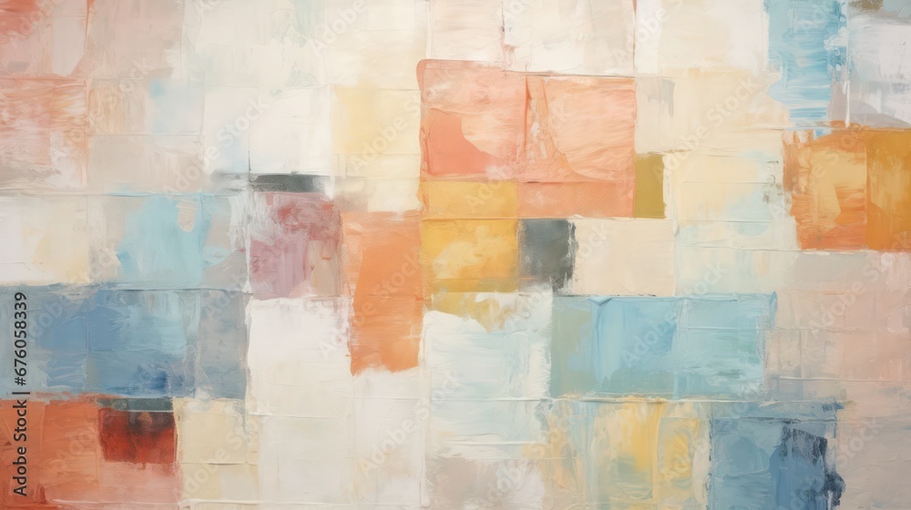 A vintage-style abstract rough texture painting with multiple orange and blue colors, incorporating oil brush strokes, palette knife techniques, and overlaid square layers in complementary hues.