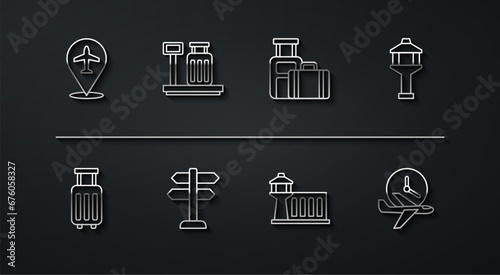 Set line Plane, Suitcase, Airport control tower, Road traffic sign, Scale with suitcase, Flight time and icon. Vector