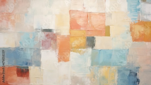 A vintage-style abstract rough texture painting with multiple orange and blue colors  incorporating oil brush strokes  palette knife techniques  and overlaid square layers in complementary hues.