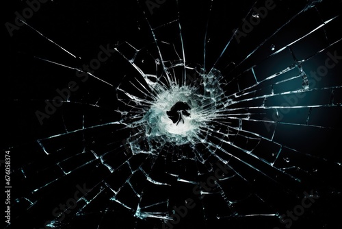 A broken glass window with a hole in it. This image can be used to depict vandalism, property damage, or the need for repairs.