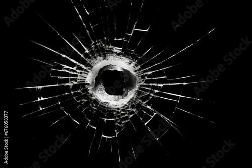A black and white photo capturing the detail of a bullet hole. This image can be used to depict violence, crime scenes, or as a metaphor for damage and destruction.
