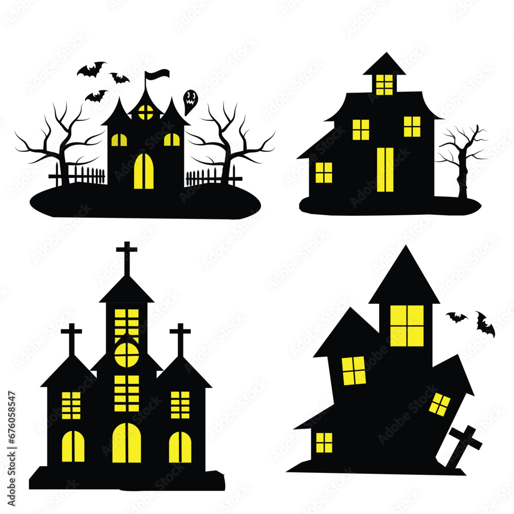 Happy Halloween with silhouette haunted house set.